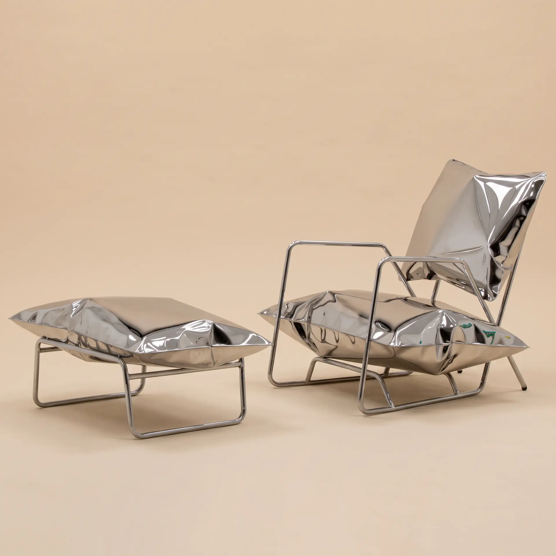 Polished chrome pillow lounge chair and ottoman