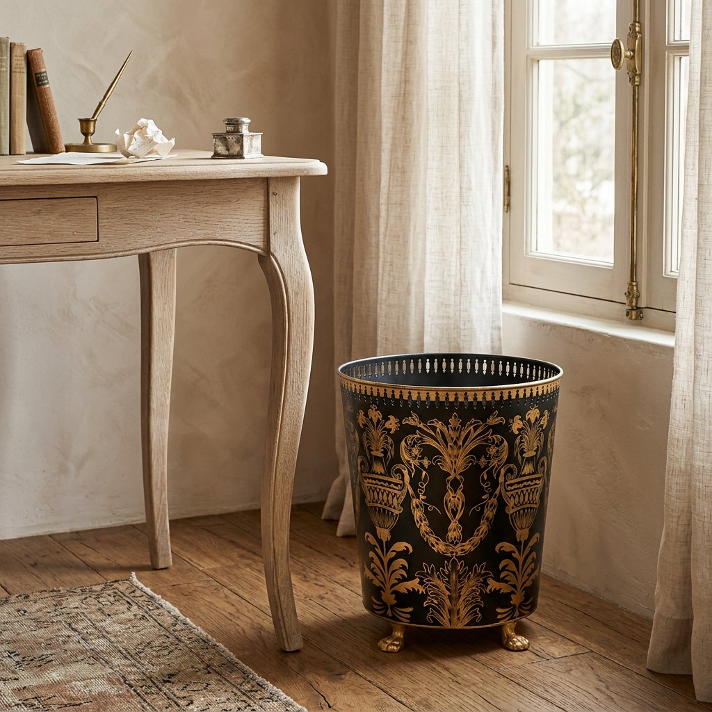 Hand-painted black and gold waste paper bin beside an oak writing desk