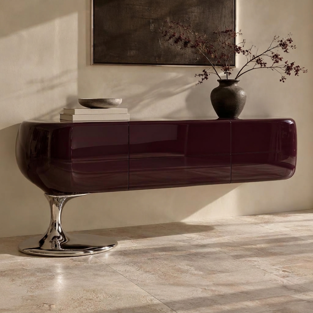 Glossy aubergine credenza balanced on a single molten chrome foot
