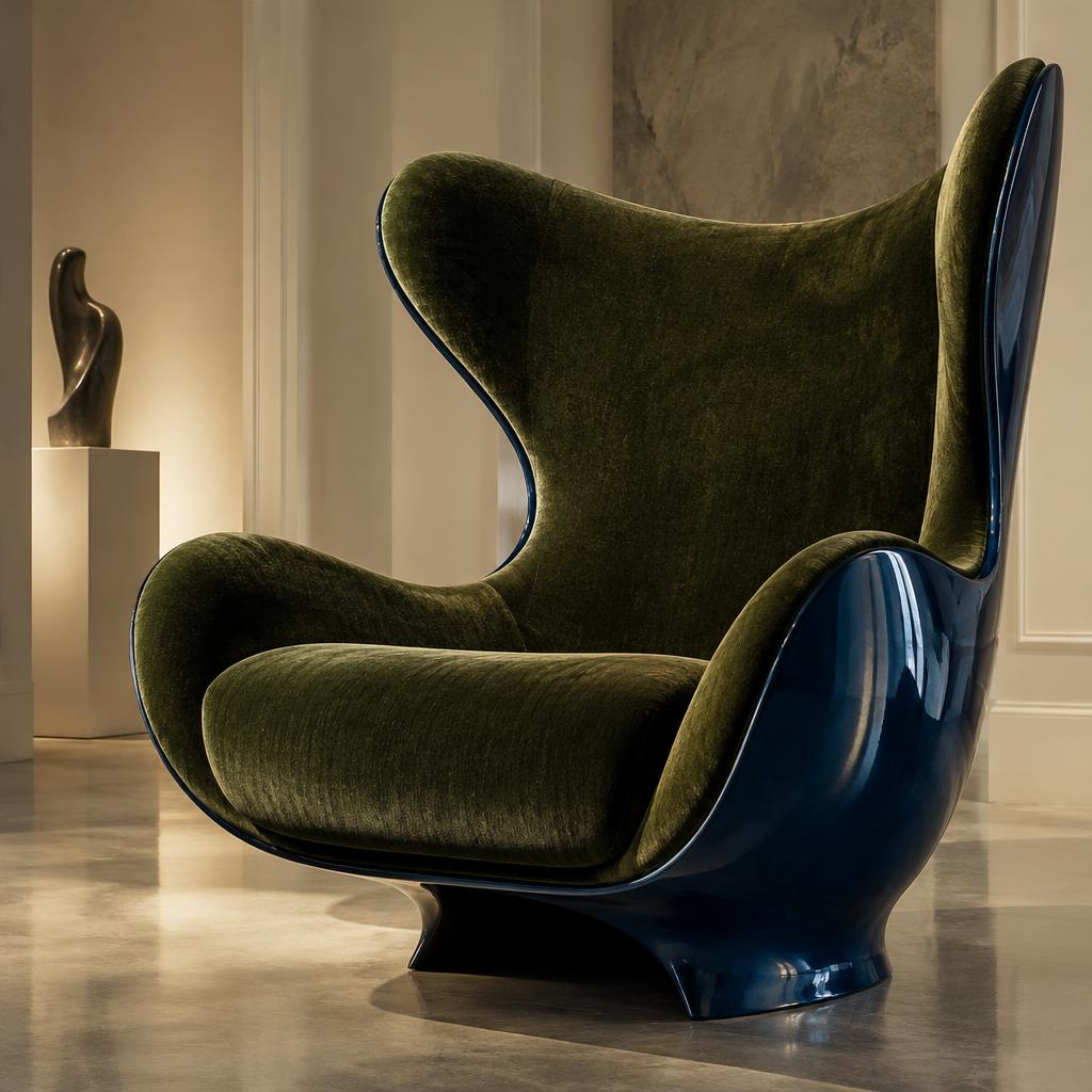 Olive mohair wing chair cradled in a glossy lapis blue shell