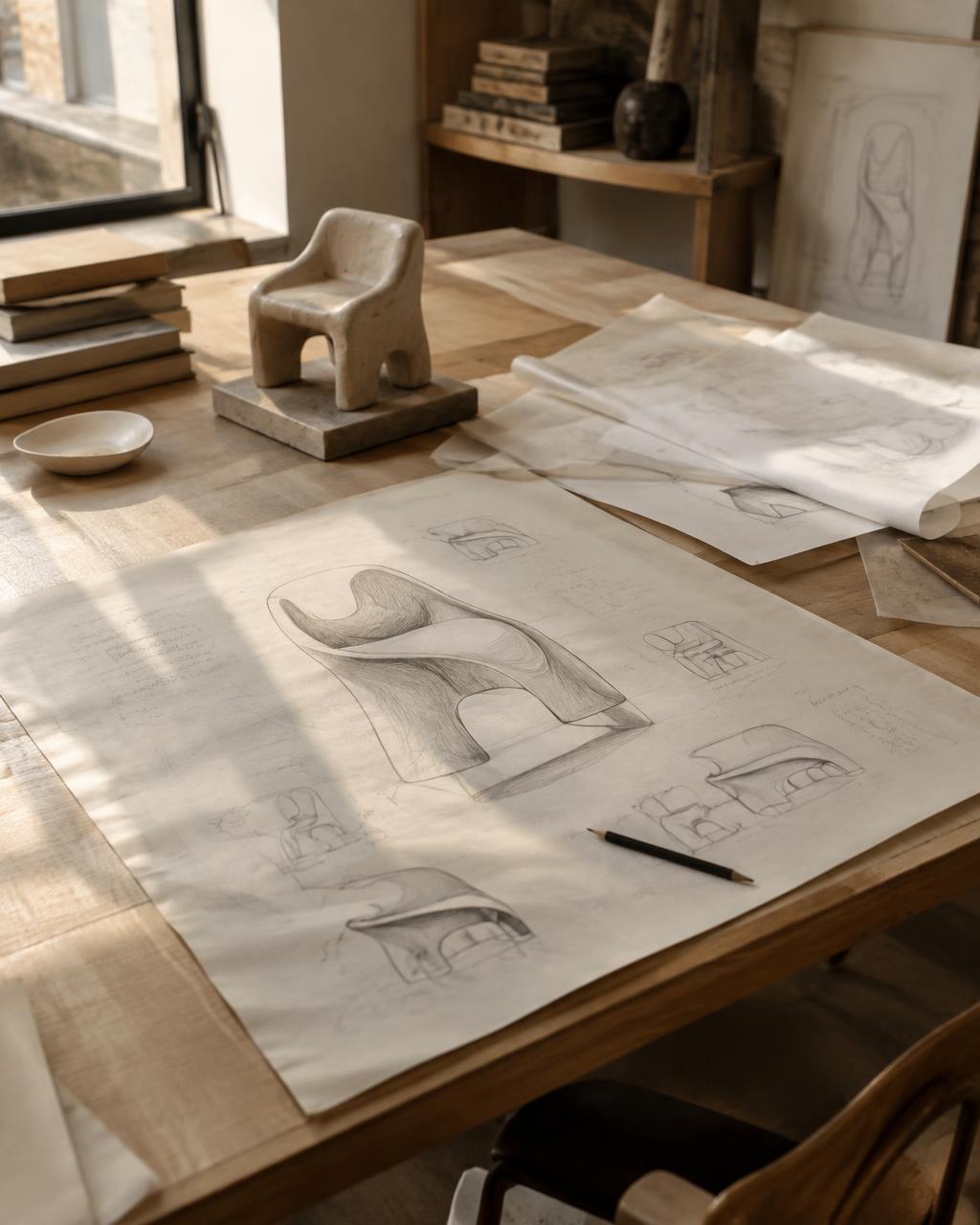 Pencil sketches of a sculptural chair beside a clay maquette