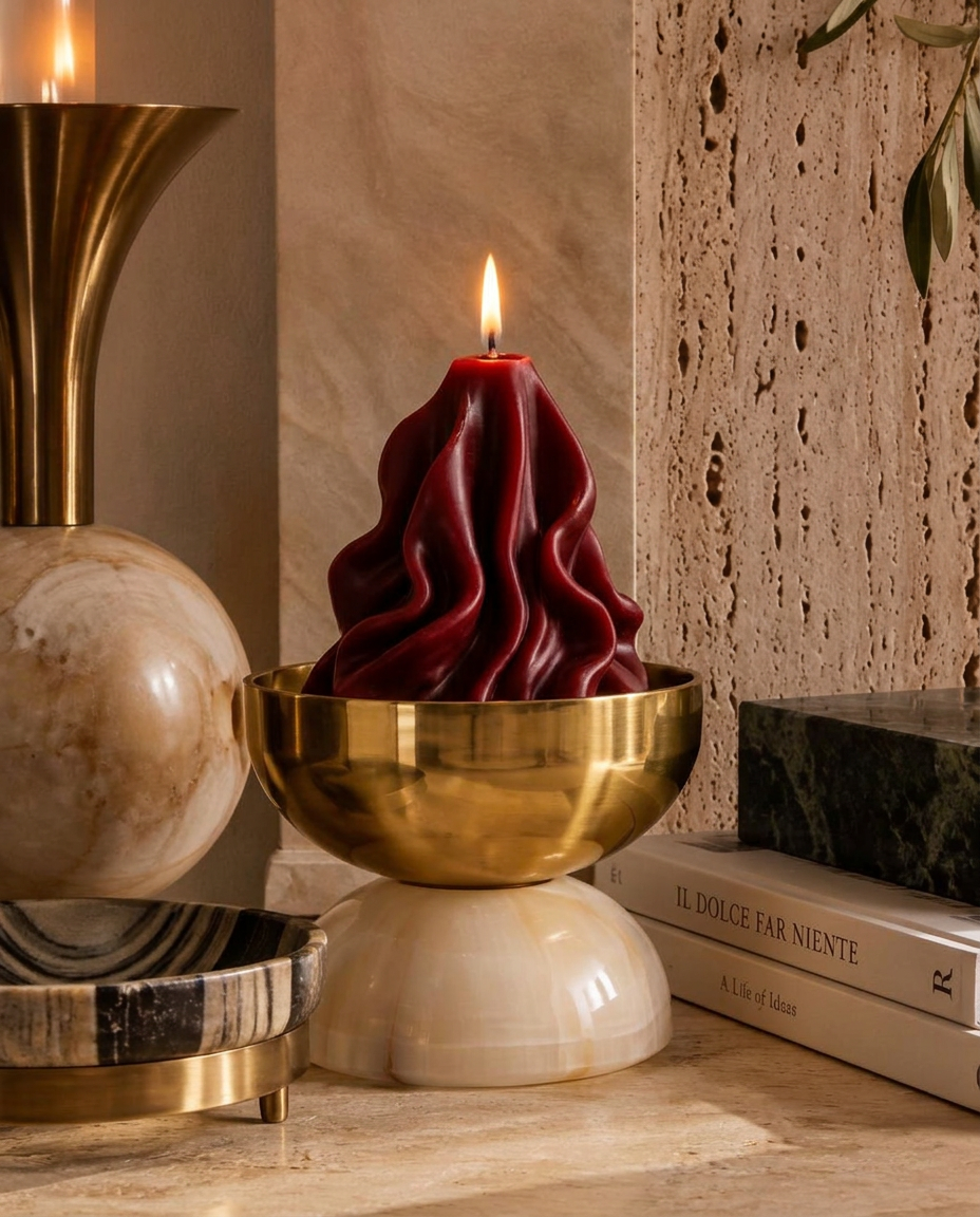 Sculptural oxblood candle in a brass bowl on an onyx base